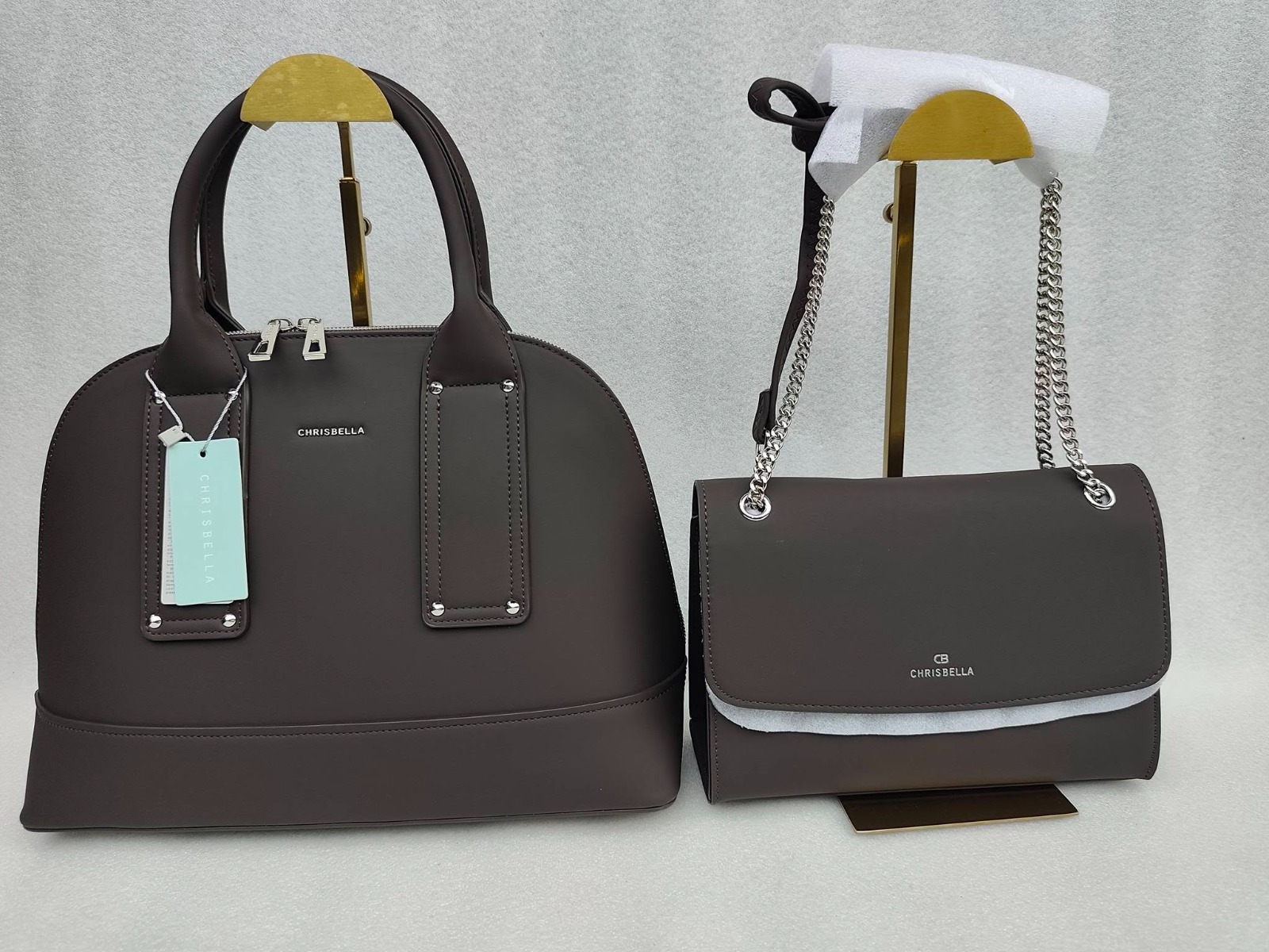 CHRISBELLA dark brown handbag 2 piece set, dome satchel and chain flap bag