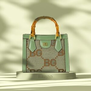BAGCO bamboo handle satchel, sage green and BG monogram canvas handbag