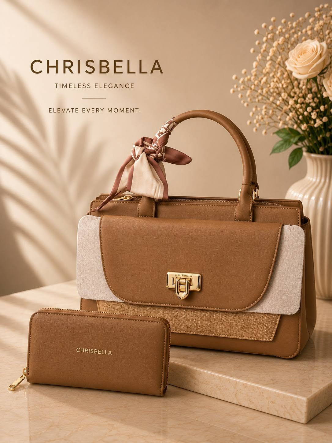 CHRISBELLA Camel Tan Satchel and Wallet Set with silk scarf bow