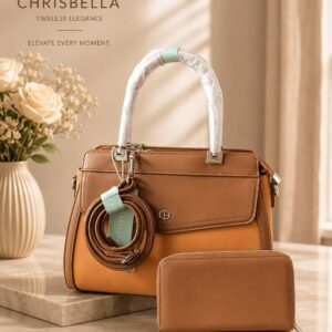 CHRISBELLA two-tone cognac and mustard satchel with matching wallet and crossbody strap