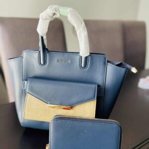 CHRISBELLA navy trapeze tote with raffia pouch and matching wallet