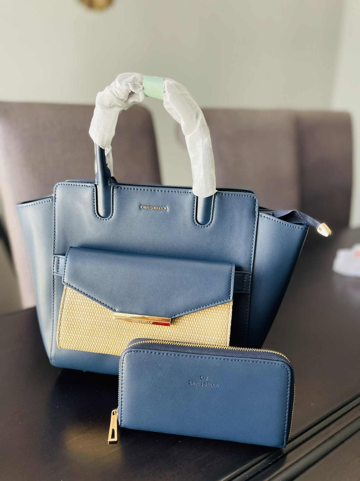 CHRISBELLA Navy Trapeze Tote Set with raffia panel and matching wallet