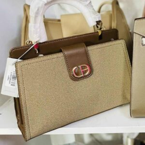CHRISBELLA light khaki beige canvas flap satchel with gold CB emblem
