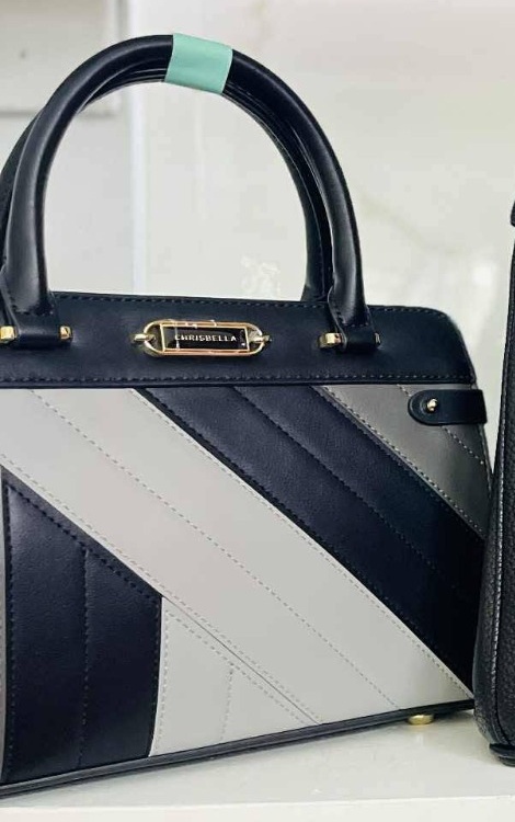 CHRISBELLA Diagonal Color-Blocked Satchel with gold hardware